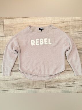 Express Mauve Pink REBEL Graphic Cropped Crewneck Sweater | Size L